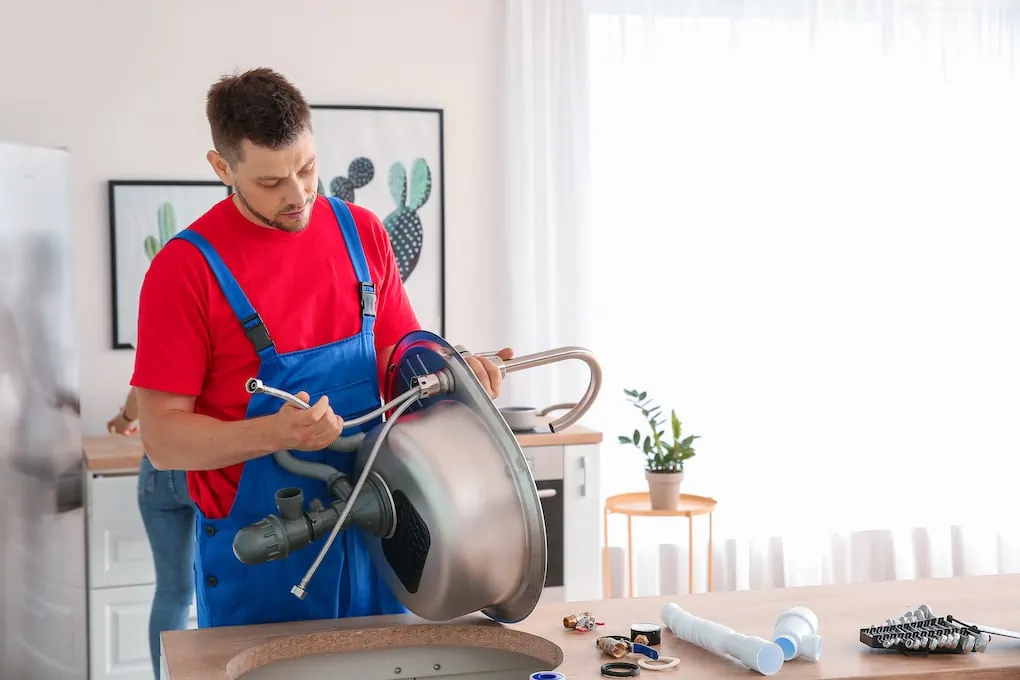Plumber showing how to install a kitchen sink
