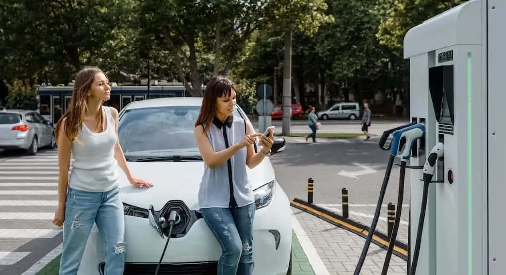 two women standing at commercial ev charging station installation