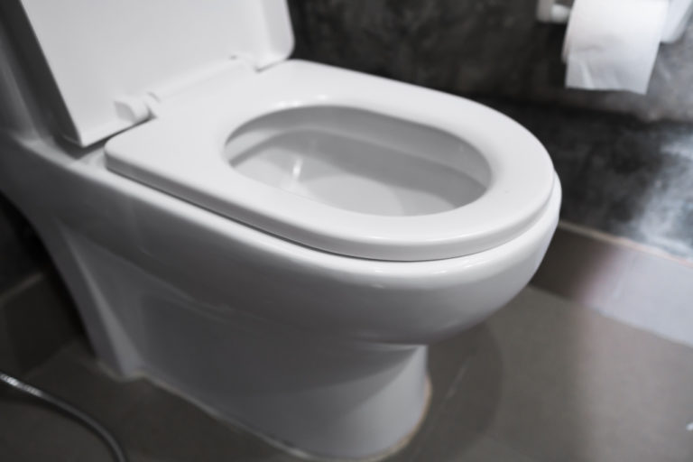 White hanging toilet seat on white toilet in the home bathroom with grey tiles in concrete style and toilet paper on the wall; types of toilets