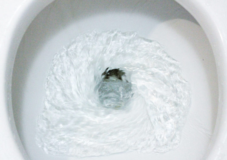 A photo of a white ceramic toilet bowl in the process of flushing; types of toilets