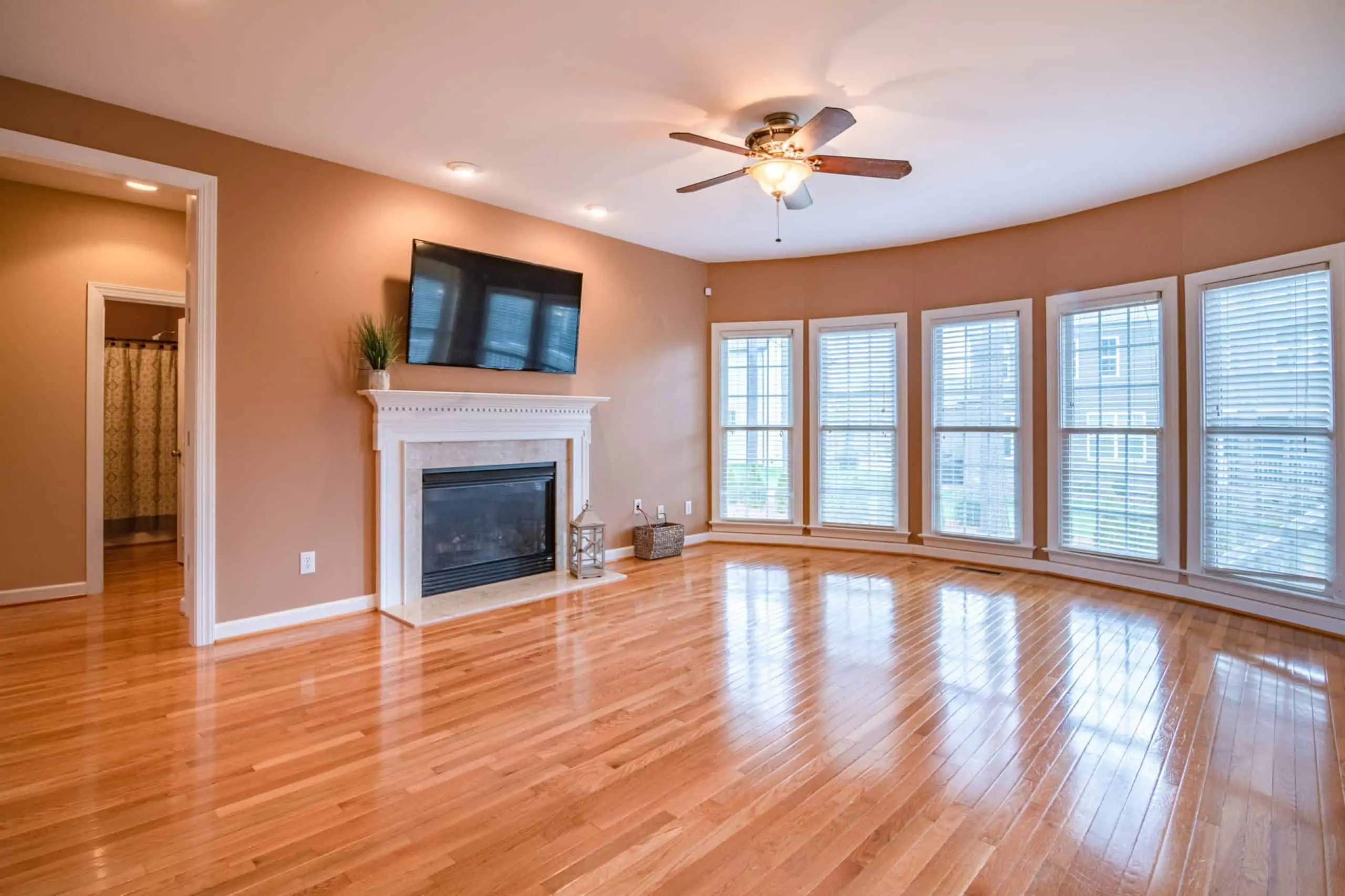 A living room with multiple overhead lights and hardwood flooring