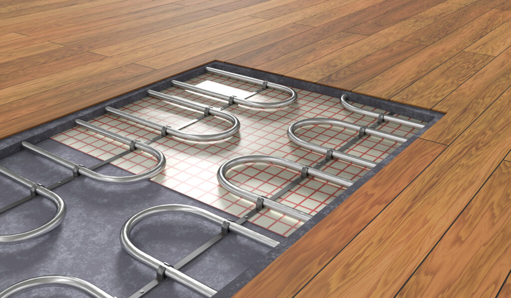 Underfloor heating system under wooden floor - 3D rendered illustration.