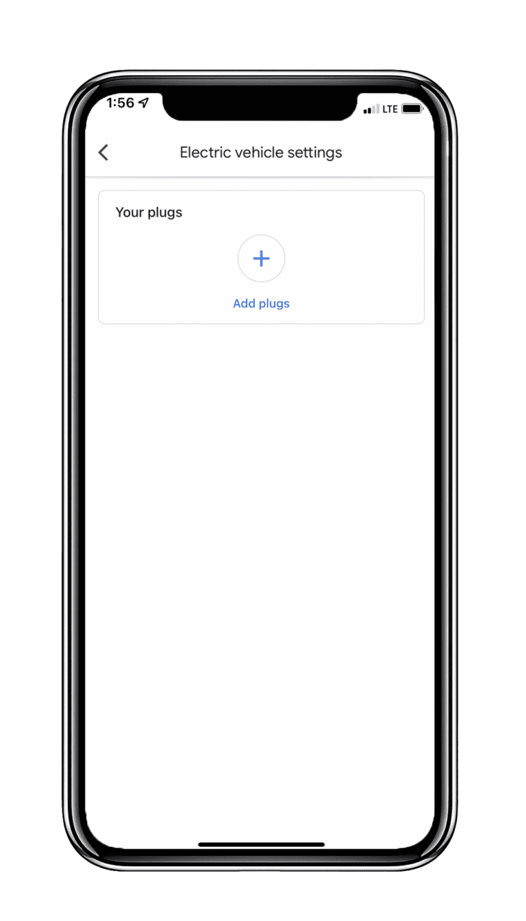 An iPhone with Electric Vehicle Settings displayed on the screen with an option to Add Plugs.