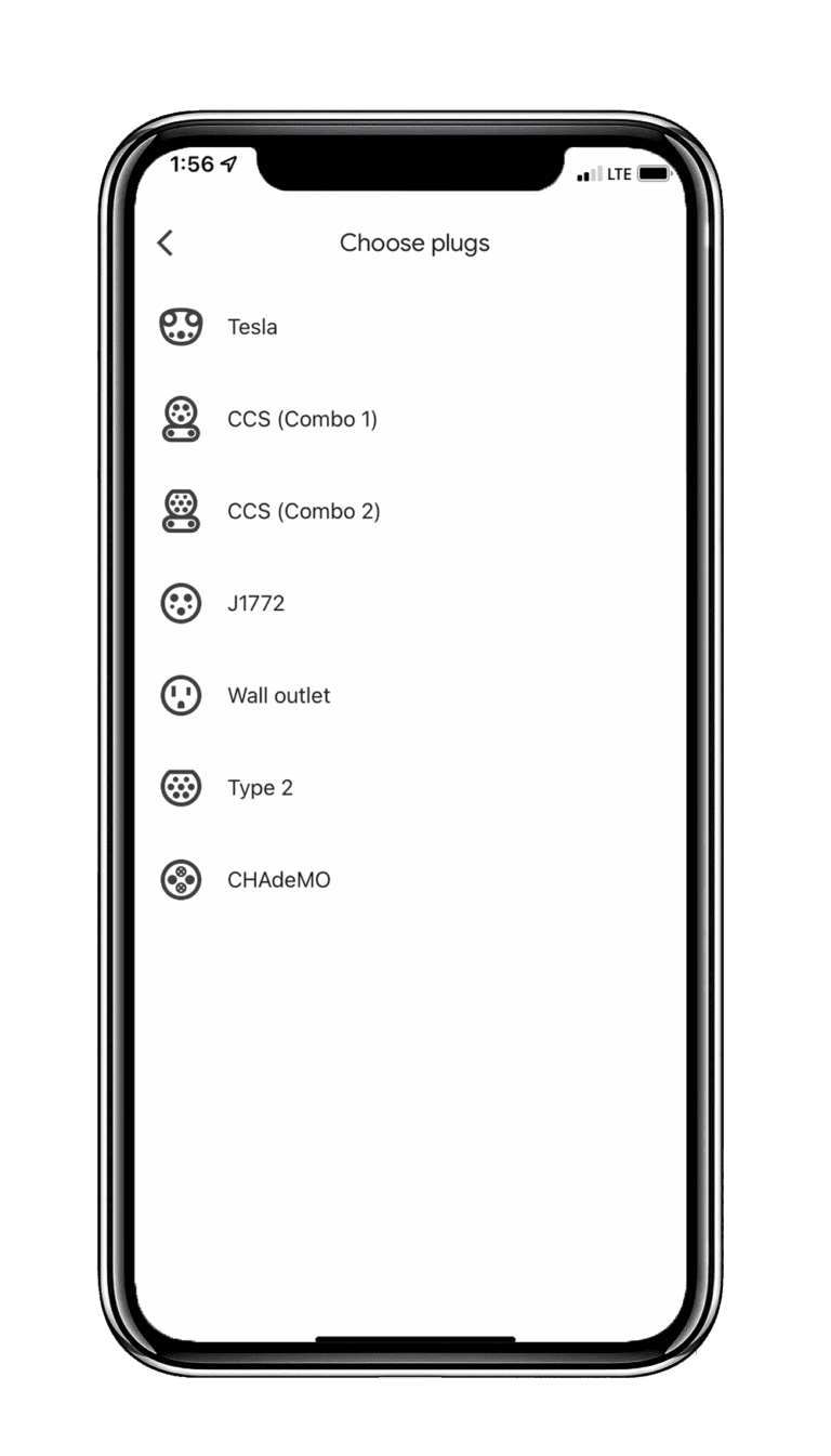 An iPhone with Choose Plugs displayed on the screen, including Tesla & Wall Outlets as options.