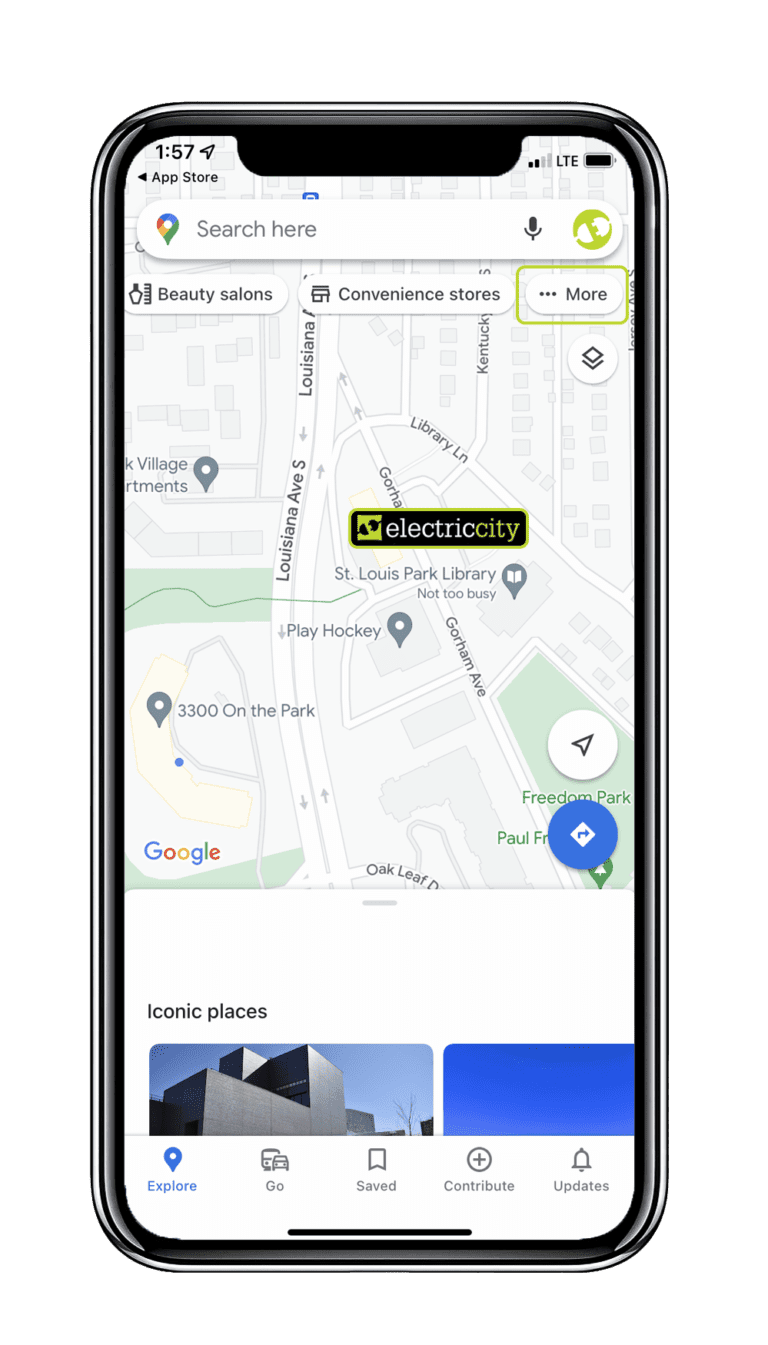 A view of Google Maps with an electric charging station, named Electric City, displayed.