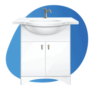 A white sink with white cabinets