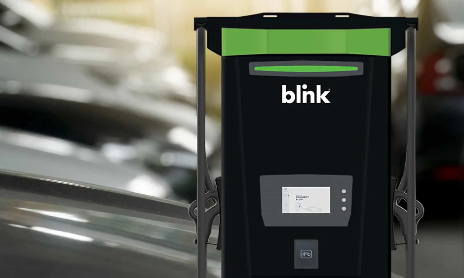 An electric vehicle charging station featuring the Blink logo