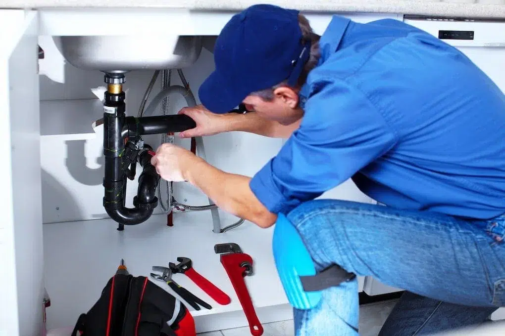 plumber demonstrating how to install a kitchen sink